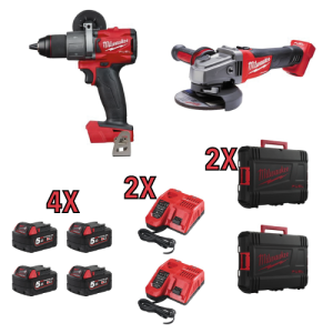 Milwaukee KIT FUEL TRAPANO SMERIGLIATRICE 4 BATTERIE 2 CARICABATTERIE 2 VALIGIE mod. M18FPP2F-504X