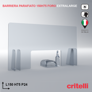 Barriera plexiglass e policarbonato parafiato trasparente con foro grande L150 H75 cm